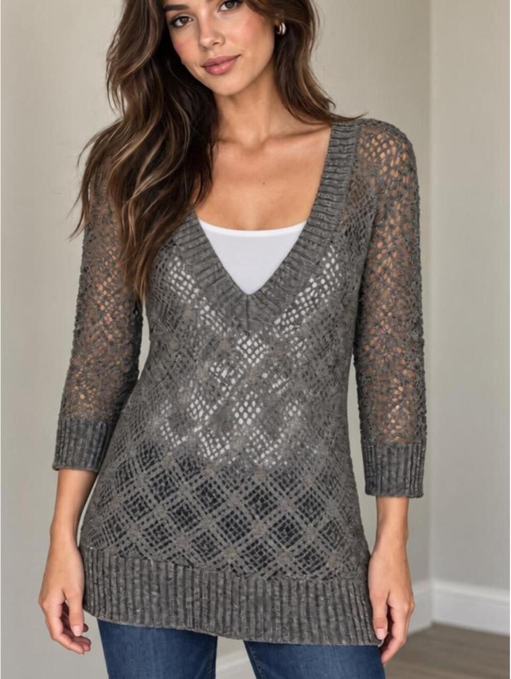 WHBM Open Knit Rabbit Hair Tunic Sweater Y2K Deep V Gray M